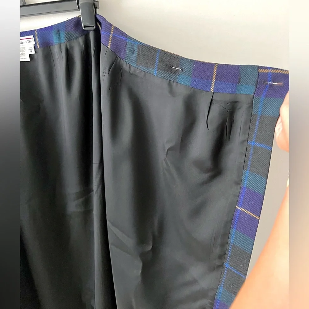 TALBOTS | Plaid Vintage Wool Wrap Long Maxi Skirt Purple Green Fringe Size 4 - Picture 9 of 11